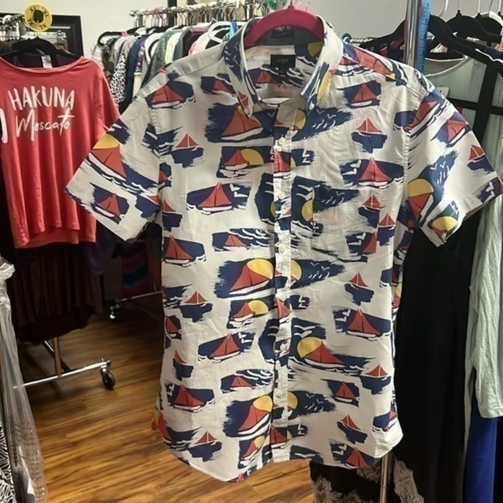 Men’s J.Crew, sailboat inspired printed shirt, size medium